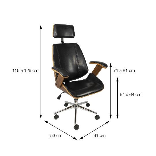 Cadeira Poltrona Bergen Alta Base Rodízio com Estrtura de Madeira e Revestimento em P.U. Preto