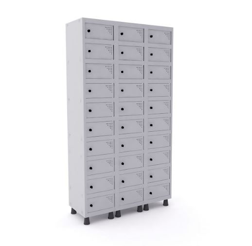 Armário Porta Objeto Pandin 30 Portas Cinza com Pitão para Cadeado - 1035 x 400 x 1930 mm