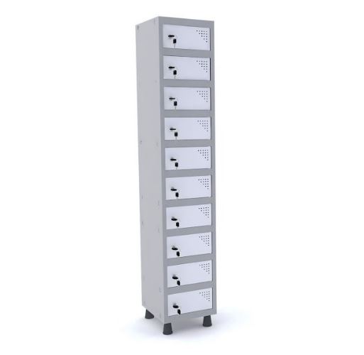 Armário Porta Objeto Pandin 10 Portas Branco Com Fechamento Fechadura - 345 X 400 X 1930 Mm