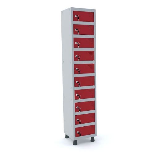 Armário Porta Objeto Pandin 10 Portas Vermelho Com Fechamento Fechadura - 345 X 400 X 1930 Mm