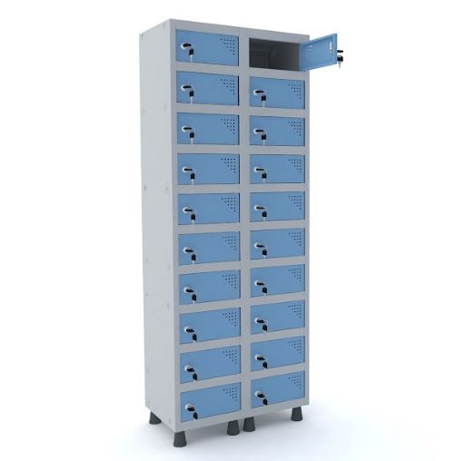 Armário Porta Objeto Pandin 20 Portas Azul Dali com Fechamento Fechadura - 690 x 400 x 1930 mm