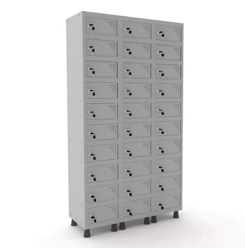 Armário Porta Objeto Pandin 30 Portas Cinza Cristal Com Fechamento Fechadura - 1035 X 400 X 1930 Mm