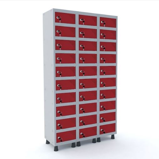 Armário Porta Objeto Pandin 30 Portas Vermelho Com Fechamento Fechadura - 1035 X 400 X 1930 Mm