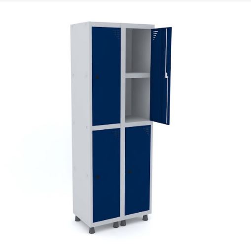 Roupeiro de Aço Pandin 04 Portas com Prateleira Interna na Cor Azul Del Rey com Fechamento através de Pitão para Cadeado - 690 x 400 x 1930 mm