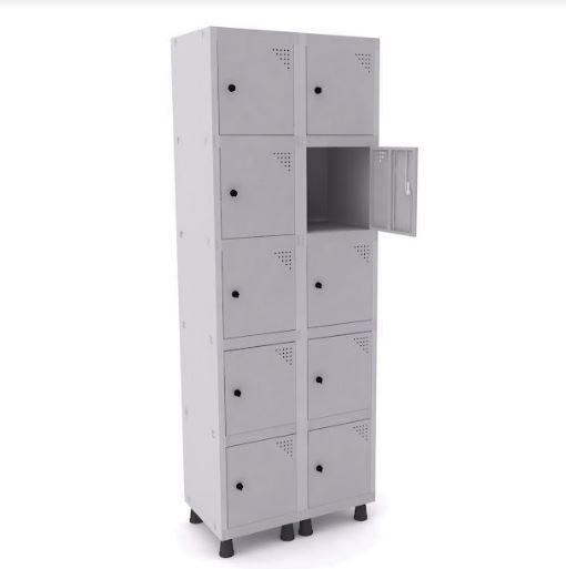 Roupeiro de Aço Pandin 10 Portas Pequenas na Cor Cinza Cristal com Fechamento através de Pitão para Cadeado 690 x 400 x 1930 mm