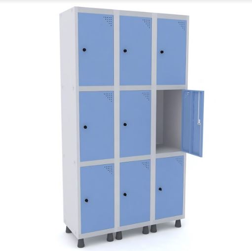 Roupeiro De Aço Pandin 9 Portas Médias Na Cor Azul Dali Com Fechamento Através De Pitão Para Cadeado 1035 X 400 X 1930 Mm