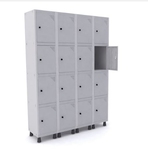 Roupeiro de Aço Pandin 16 Portas Pequenas na Cor Cinza Cristal com Fechamento através de Pitão para Cadeado 1380 x 400 x 1930 mm